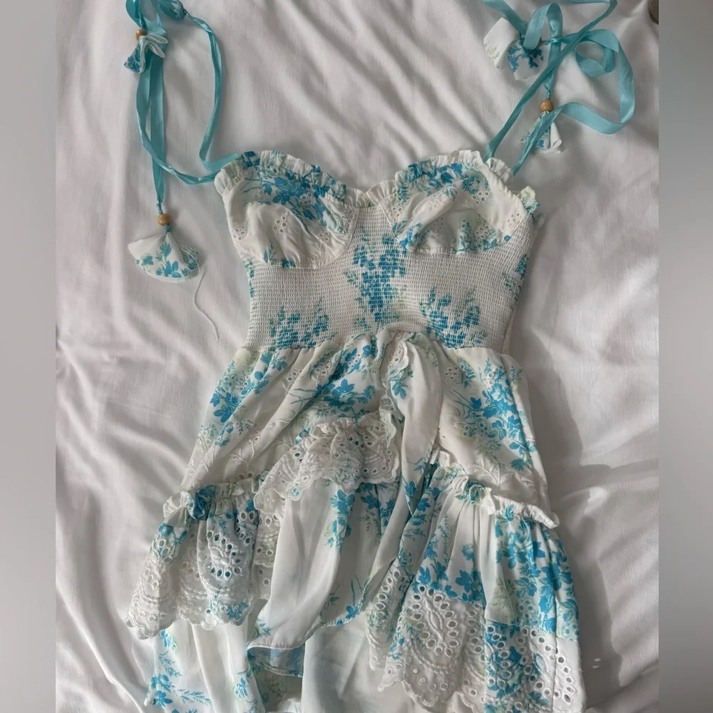 Blue & White Ruched Lace Ruffle Mini Dress w/ Beaded Ribbon Straps Size XS - Picture 1 of 2